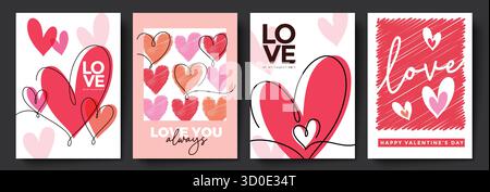 Romantic Valentine’s Day Poster Set with Heart and Love Illustrations Stock Vector