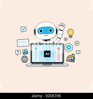 A charming cartoon robot is displayed on a laptop screen, surrounded by symbols of technological progress. The illustration conveys a friendly interfa Stock Vector