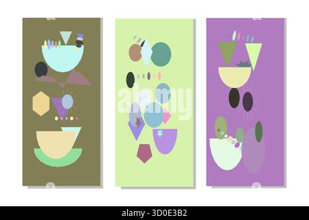 A vibrant collection of three abstract geometric wall art prints, featuring dynamic compositions of fragmented shapes in a harmonious palette of golde Stock Vector
