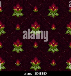 Bold dark floral pattern, rich Renaissance colors red green gold, seamless vector pattern with flowers leaves on deep maroon background. Perfect as fa Stock Vector