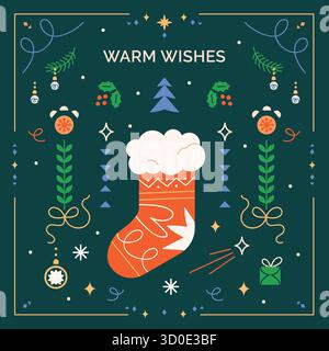 A charming festive holiday season greetings card design with delightful decorative elements featuring a Christmas stocking filled with fluffy material Stock Vector