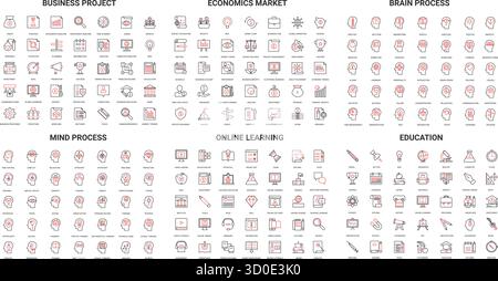 Set of modern line icons covering business project, economics, brain process, mind process, online learning, and education themes isolated on white background vector illustration Stock Vector