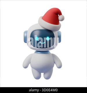 3D robot AI character in Santa hat, cute chatbot mascot and digital assistant. Futuristic robot illustration for Christmas, xmas holiday, winter Stock Vector