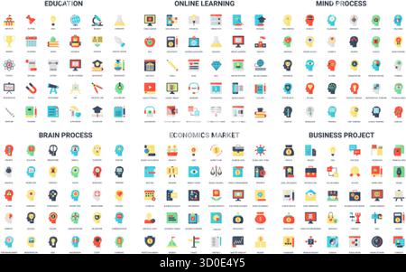 Colorful set of 180 simple flat icons representing education, online learning, mind process, brain process, economics market, and business project concepts isolated vector illustration Stock Vector