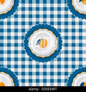 Mediterranean Seamless Pattern with White Ceramic Plates with Oranges on a Gingham Background. Vector Rustic Design Stock Vector