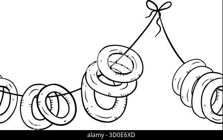 Hand drawn ink line art seamless border with hanging bagels on string, minimal rustic bakery style, perfect for food packaging, kitchen textiles, farm Stock Vector