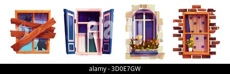 Illustrated window shutter designs with wooden planks, open shutters with wardrobe, arched stone frame with flowers and brick wall opening. Colorful interiors for building facades or game backgrounds. Stock Vector