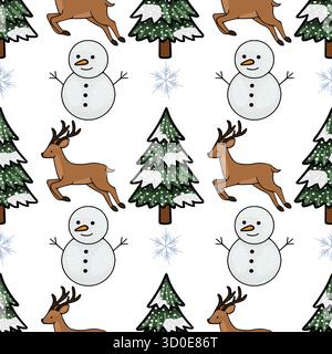 Whimsical vector pattern featuring playful snowmen, leaping reindeer, and snow-covered evergreen trees, perfect for festive holiday designs. Stock Vector