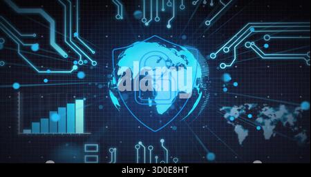 Glowing central globe with padlock icon amid grid backdrop, with circuit traces, bar chart, map Stock Photo