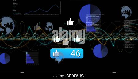 Displaying blue like counter showing 46 on dashboard with 3D thumbs-up icons, globes, code snippets Stock Photo