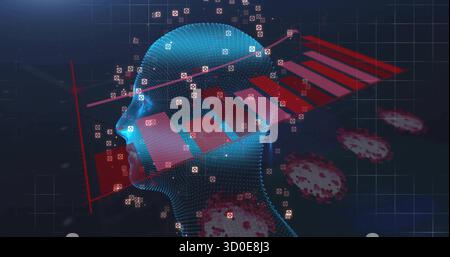 Showing glowing 3D wireframe head on grid backdrop, with ascending red bars, arrow, virus icons Stock Photo