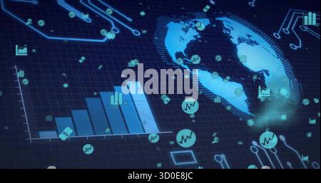 Displaying 3D globe right and rising bar chart left in digital grid interface, with floating icons Stock Photo