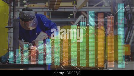 Grinding metalworker wearing coverall in shop using grinder sparking metal data overlay, copy space Stock Photo