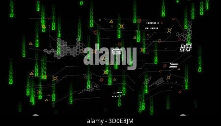 Streaming neon green binary digits cascading over network, with white circuits and orange nodes Stock Photo