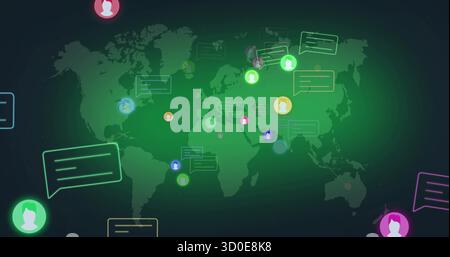 Displaying stylized world map on digital interface, indicating chat bubbles with avatar icons Stock Photo