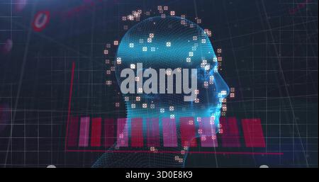 Displaying 3D wireframe head model on data console, with facial recognition markers and red bars Stock Photo