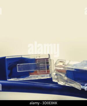 Two network RJ45 plugins of blue color macro with copyspace on top. Blue RJ45 CAT6 shielded network data internet cable connectors on gray background Stock Photo