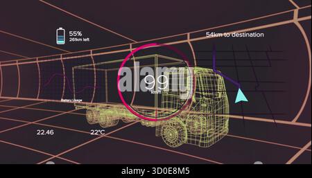 Displaying wireframe semi-truck navigating tunnel grid, with HUD showing speed and navigation arrow Stock Photo