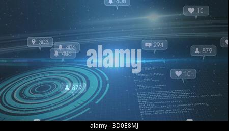 Displaying interface in console, showing neon concentric circles and icons over grid scrolling code Stock Photo