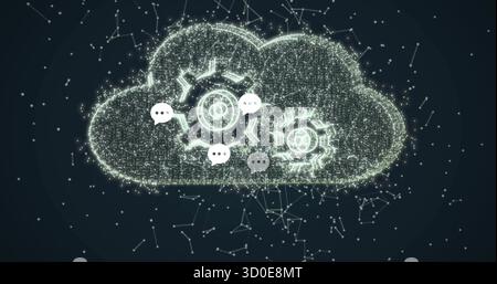 Glowing digital cloud pulsing in virtual computing space, with gear icons, speech bubbles and nodes Stock Photo