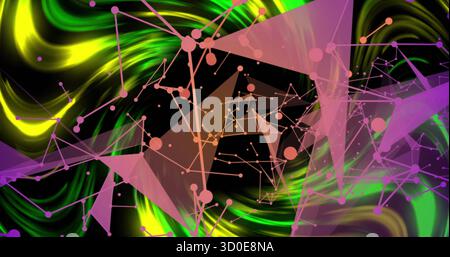 Displaying translucent pink and purple triangular network floating in abstract backdrop, neon waves Stock Photo