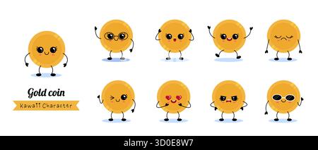 Collection of cute gold coin characters with different emotions and poses. Perfect vector set for finance concepts, games, children s illustrations, a Stock Vector