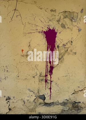 Vibrant magenta paint splattered and dripping down a distressed, peeling beige wall texture. Stock Photo
