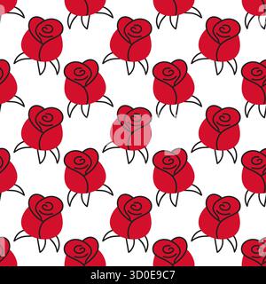 Seamless pattern with red rose buds outlined in black on white background. Flat vector style. Ideal for Valentines Day, romantic card, wrapping paper, textile print, wedding decor. Vector illustration Stock Vector