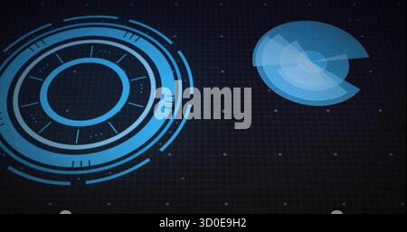 Showing large HUD graphic overlaying pixel-dotted grid, with smaller HUD element, copy space Stock Photo