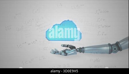Extending metal robotic arm reaching toward blue cloud icon, displaying equations in digital lab Stock Photo