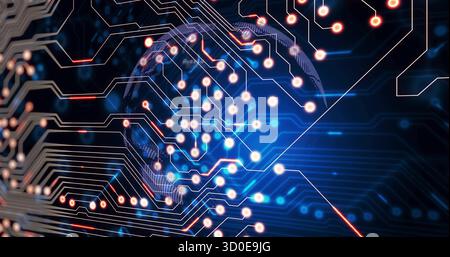 Displaying digital mesh globe emitting blue beams in virtual network, with glowing circuit traces Stock Photo