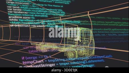 Displaying 3D wireframe semi-truck model above grid plane, overlaying scrolling code in interface Stock Photo