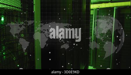 Displaying holographic dotted world map overlay at data center, with server racks and cabling Stock Photo