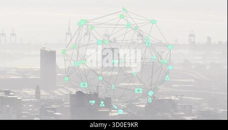 Hovering digital network sphere mapping interconnected lines and glowing icons above city skyline Stock Photo