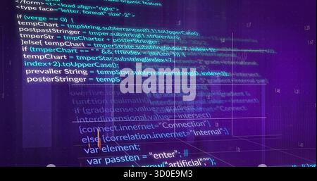 Displaying JS code snippets and numeric overlays hovering in hologram UI panels with grid lines Stock Photo
