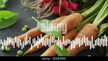 Displaying green-topped carrots resting on dark surface, with radishes, peas, white audio waveform Stock Photo