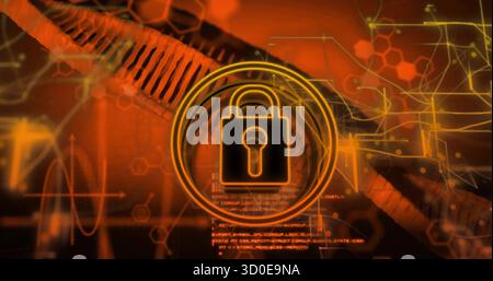 Displaying padlock icon floating in ring at security dashboard, with braided cables and code Stock Photo