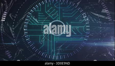 Displaying disc with gear ring emitting traces on screen, with binary glitch lines and flares Stock Photo