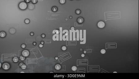 Illustrating user icons floating across online space, with speech bubbles and pixelated world map Stock Photo
