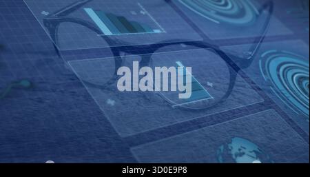 Resting pair of eyeglasses displaying holographic data on dark textured desk, digital analysis Stock Photo
