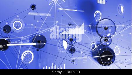 Displaying abstract network visualization in network space with spheres, lines, charts and readouts Stock Photo