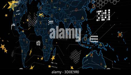 Displaying glowing world map outline on dark grid, with various data icons and circuit-like lines Stock Photo