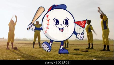 Walking cartoon baseball mascot holding bat and pennant on field at sunset, over players warming up Stock Photo
