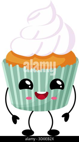 Kawaii cupcake character features a cheerful expression with big eyes and a fluffy frosting topping, designed in a playful style, ideal for children s Stock Vector