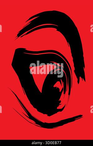 This striking abstract vector illustration features bold black brush strokes on a vivid red background, forming a central triangular shape. The dynami Stock Vector