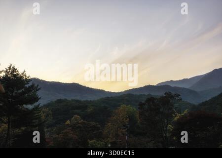 Sunset over yongmunsan mountain taken during autumn season. Taken in Yangpyeong, South Korea Stock Photo