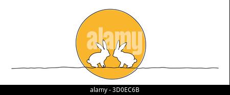 Rabbits in Front of Sun, Minimal One Line Art Stock Vector