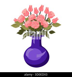 A bouquet of light pink roses in a blue vase. A huge, lush bouquet of flowers and buds. Vector illustration on a white background. Stock Vector