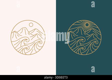 Mountain Wave Sun Abstract Logo with Linear Art Style Stock Vector