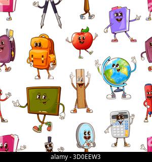 Groovy school education stationery characters vector seamless pattern. Orange backpack, funky chalkboard, funny globe, happy apple, wooden ruler and magnifying glass, cheerful calculator y2k supplies Stock Vector